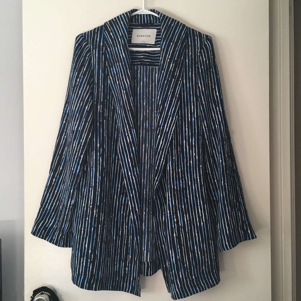 BABATON Blue White + Black Print KAHLO Crepe Blazer Robe S